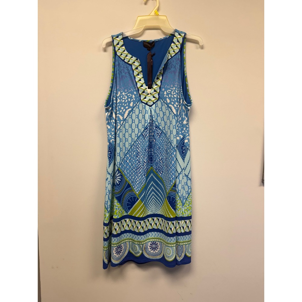 Hale Bob Leona Blue Geometric Print Sleeveless Mini Dress NWT Size L 71GP6290